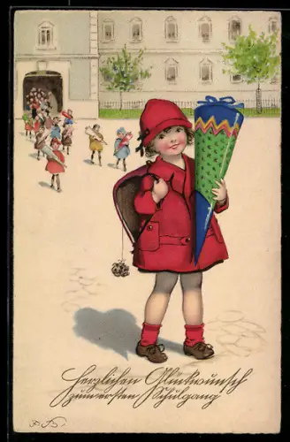 Künstler-AK F.Baumgarten: Glückwunsch zum ersten Schulgang, Mädchen kommt mit Zuckertüte aus der Schule