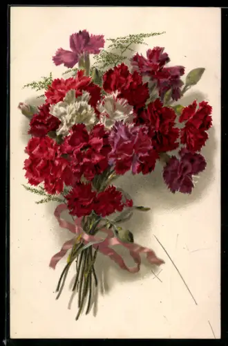 AK Blumenstrauss mit verschiedenfarbigen Nelken, Geburtstag