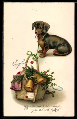 AK Dackel und Korb mit Glocken