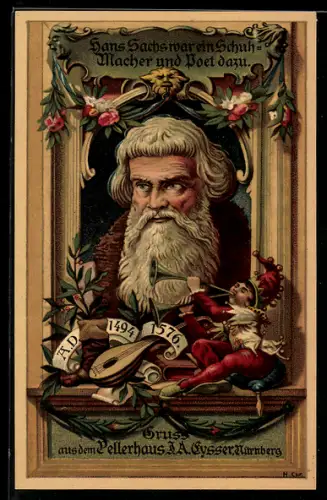 Künstler-AK Nürnberg, Hof-Möbelfabrik und Kunstgewerbl. Etablissement von J. A. Fysser, Pellerhaus, Portrait Hans Sachs