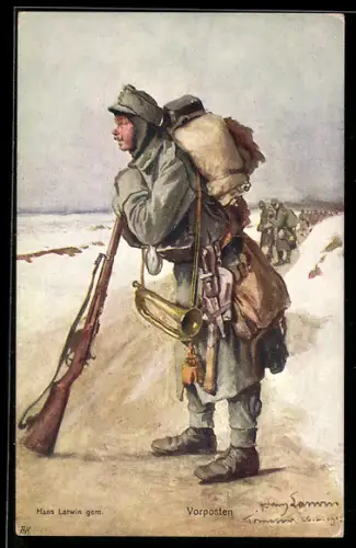 AK Nr.: 402, Rotes Kreuz, Hans Larwin, Vorposten mit Gewehr