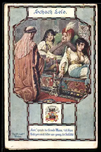 Künstler-AK Franz Kuderna: Schach Lolo, Emir mit zwei Haremsdamen