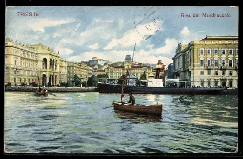 AK Trieste, Riva del Mandracchio con barca e edifici storici sullo sfondo