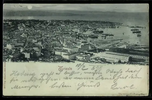 Mondschein-AK Trieste, Veduta panoramica del porto e della città