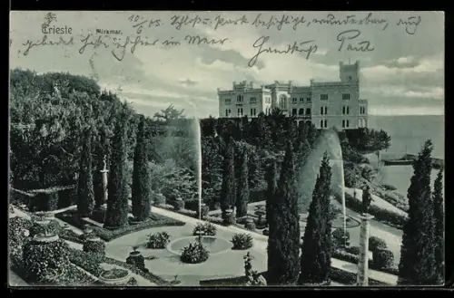 AK Trieste, Hotel Miramar, Veduta del giardino e del castello sul mare