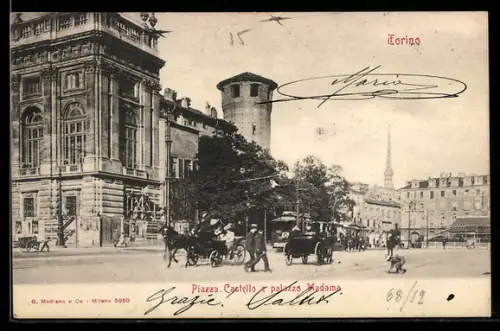 AK Torino, Piazza, Castello e Palazzo Madama con carrozze e pedoni
