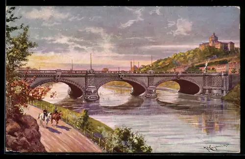 AK Torino, Ponte Nuovo Umberto I con cavalli lungo il fiume
