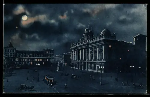 AK Torino, Piazza Castello e Palazzo Madama di notte con tram e auto