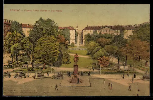 AK Torino, Piazza Carlo Felice e Via Roma con giardini e statua centrale