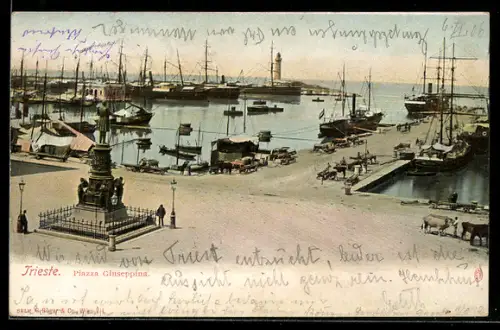 AK Trieste, Piazza Giuseppina con navi e faro sullo sfondo