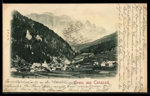 AK Canazzei, Vista panoramica del villaggio alpino nella valle