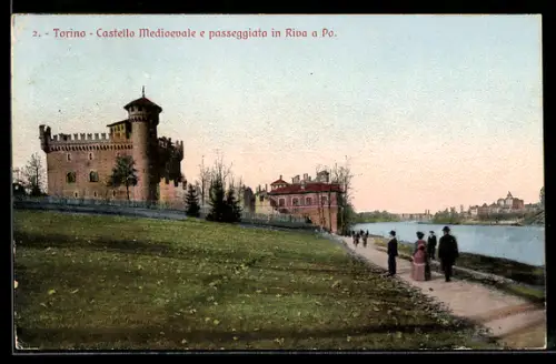 AK Torino, Castello Medioevale e passeggiat in Riva a Po