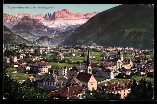 AK Bozen-Gries, Teilansicht mit Kirche und Rosengarten