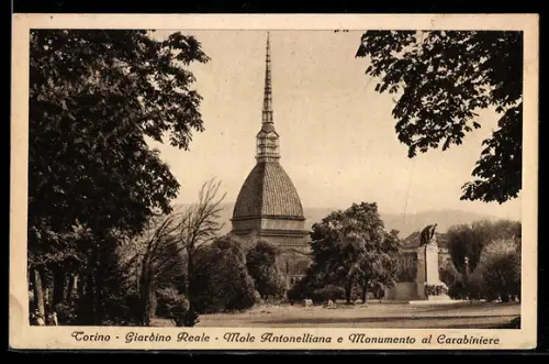 AK Torino, Giardino Reale, Mole Antonelliana e Monumento al Carabiniere