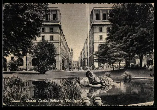 AK Torino, Piazza Carlo Felice e Via Roma con fontana e alberi
