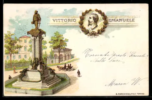 Lithographie Torino, Monumento a Vittorio Emanuele II con carrozze e passanti