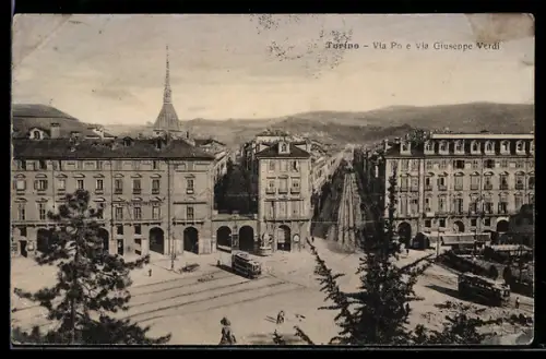 AK Torino, Via Po e Via Giuseppe Verdi con tram in vista