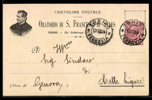 AK Torino, Oratorio di S. Francesco di Sales, cartolina postale con timbro e francobollo