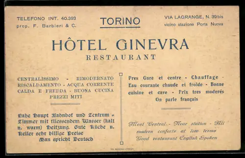 AK Torino, Hôtel Ginevra con mappa dettagliata delle vie circostanti