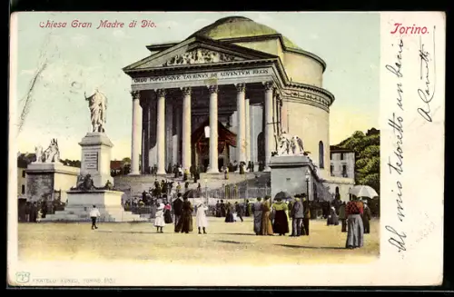AK Torino, Chiesa Gran Madre di Dio con folla sulla piazza