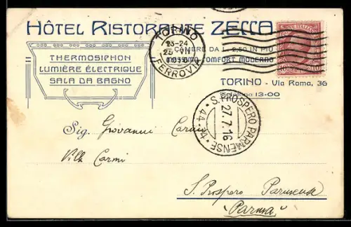 AK Torino, Hôtel Ristorante Zecca, pubblicità e indirizzo scritto a mano