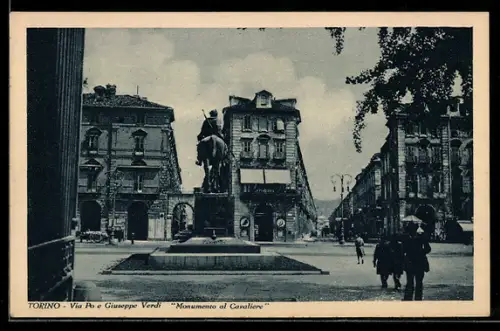 AK Torino, Via Po e Giuseppe Verdi, Monumento al Cavaliere