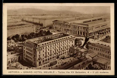 AK Torino, Grand Hotel Astoria e Stazione Porta Nuova con tram e vista aerea