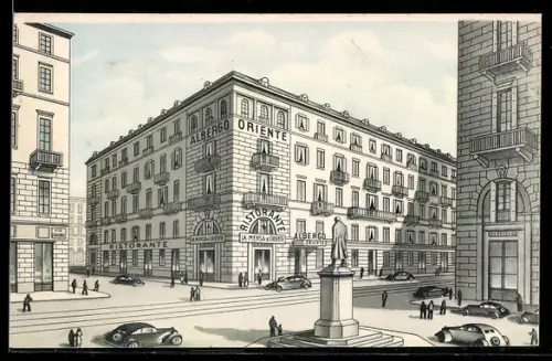 AK Torino, Albergo Oriente e Mensa Oriente, Via Lagrange 43, Prop. Pierino Rosso, con automobili e pedoni