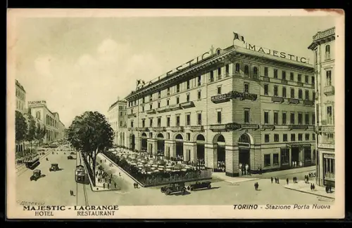 AK Torino, Stazione Porta Nuova e Hotel Majestic con tram su strada