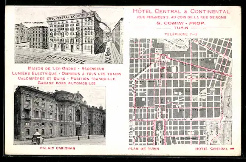 AK Torino, Hôtel Central & Continental e Palais Carignan con mappa della città