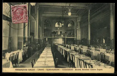 AK Milano, Gambrinus Halle, Caffè-Ristorante-Concerto, interni eleganti con tavoli apparecchiati