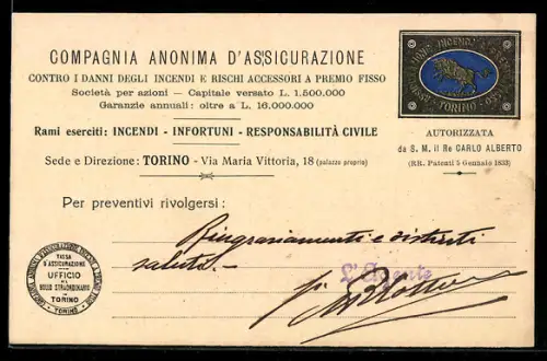 AK Torino, Compagnia Anonima d`Assicurazione, documento ufficiale con timbro e firma