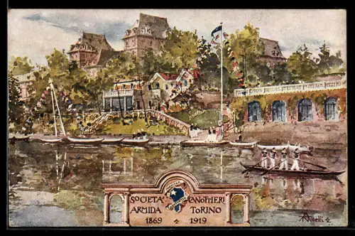 AK Torino, Società Canottieri Armida con barche e rematori sul fiume