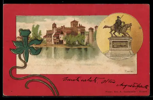 AK Torino, Castello e statua equestre su cartolina artistica