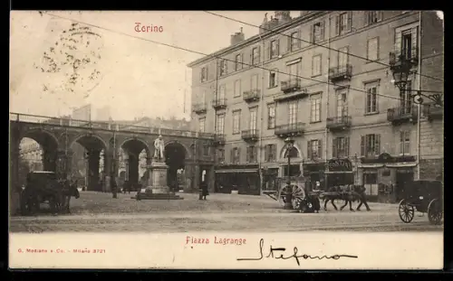 AK Torino, Piazza Lagrange con carrozze e statua