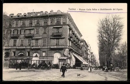 AK Torino, Piazza Carlo Felice e Stabilimento del Ligure con tram e passanti