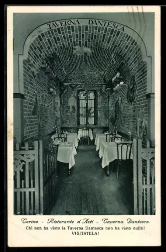 AK Torino, Ristorante d`Asti, Taverna Dantesca, Via Nizza 5, interno elegante con tavoli apparecchiati