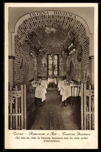 AK Torino, Ristorante d`Asti, Taverna Dantesca, Via Nizza 5, interno con tavoli apparecchiati