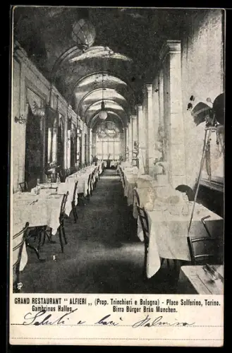 AK Torino, Grand Restaurant Alfieri, Place Solferino, interno elegante con tavoli apparecchiati