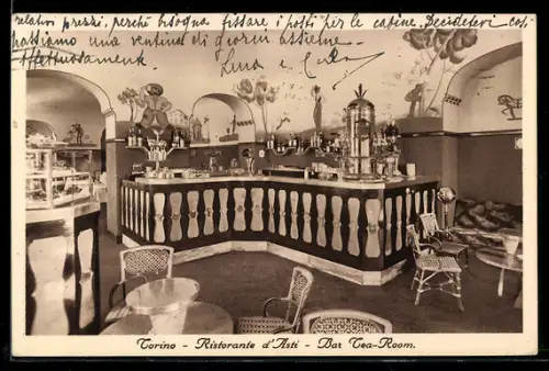 AK Torino, Ristorante d`Asti, Via Nizza 5, Bar Tea-Room, interno elegante con bancone e decorazioni artistiche