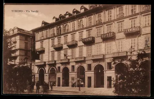 AK Torino, Via Sacchi con l`Albergo Suisse Terminus