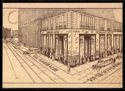 AK Torino, Ristorante Leopoldo Grosso, Angolo tra Via Garibaldi 5 e Via XX Settembre con tram e automobili
