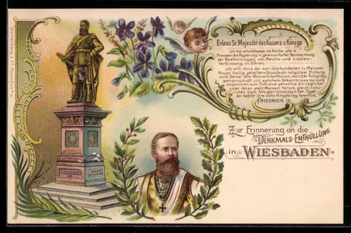 Lithographie Wiesbaden, Enthüllung Denkmal Friedrich Wilhelm III. von Preussen, Porträt