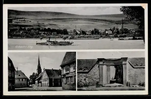 AK Erbach i. Rhg., Marktplatz, Marcobrunnen und Totalansicht