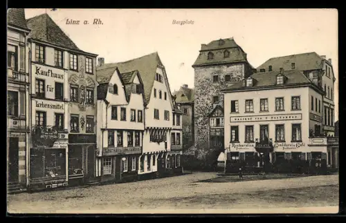 AK Linz a. Rh., Burgplatz mit Kaufhaus für Lebensmittel, Gasthof von F. Fasbender