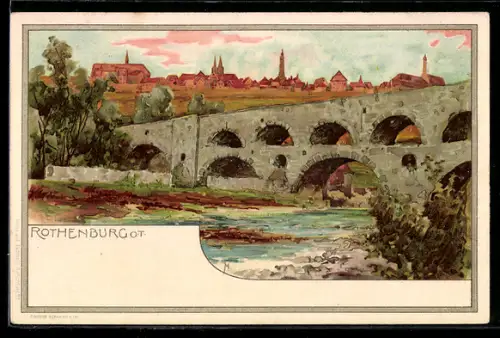 Lithographie Rothenburg o. T., Brücke über die Tauber