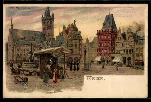 Lithographie Trier, Partie am Marktplatz