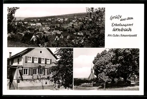 AK Arnbach /Calw, Ortsansicht, Kirche, Gasthaus Metzgerei z. Adler, Bes. H. Stoll