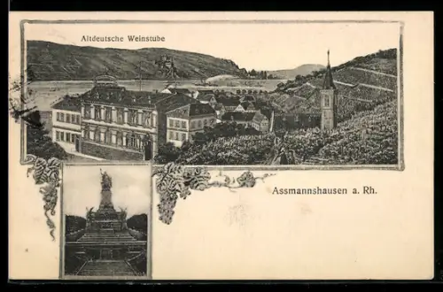AK Assmannshausen a. Rh., Gasthof Altdeutsche Weinstube, Kirche, Niederwalddenkmal
