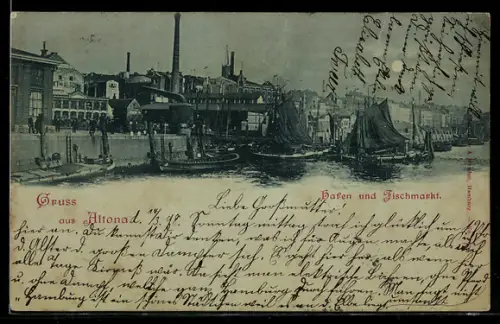 Mondschein-AK Hamburg-Altona, Hafen und Fischmarkt